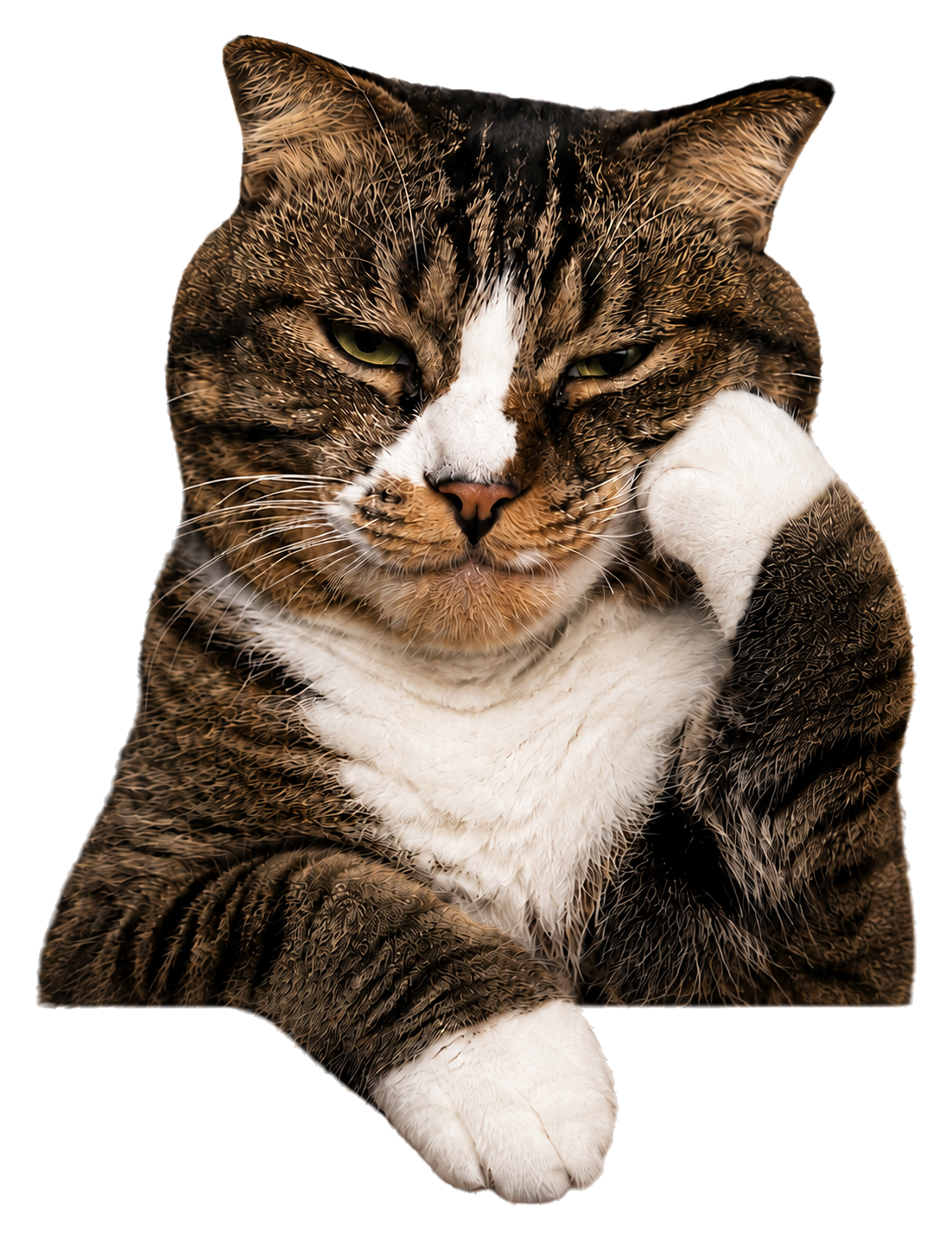A cutout of Camus resting his face on one paw with the other paw extended
