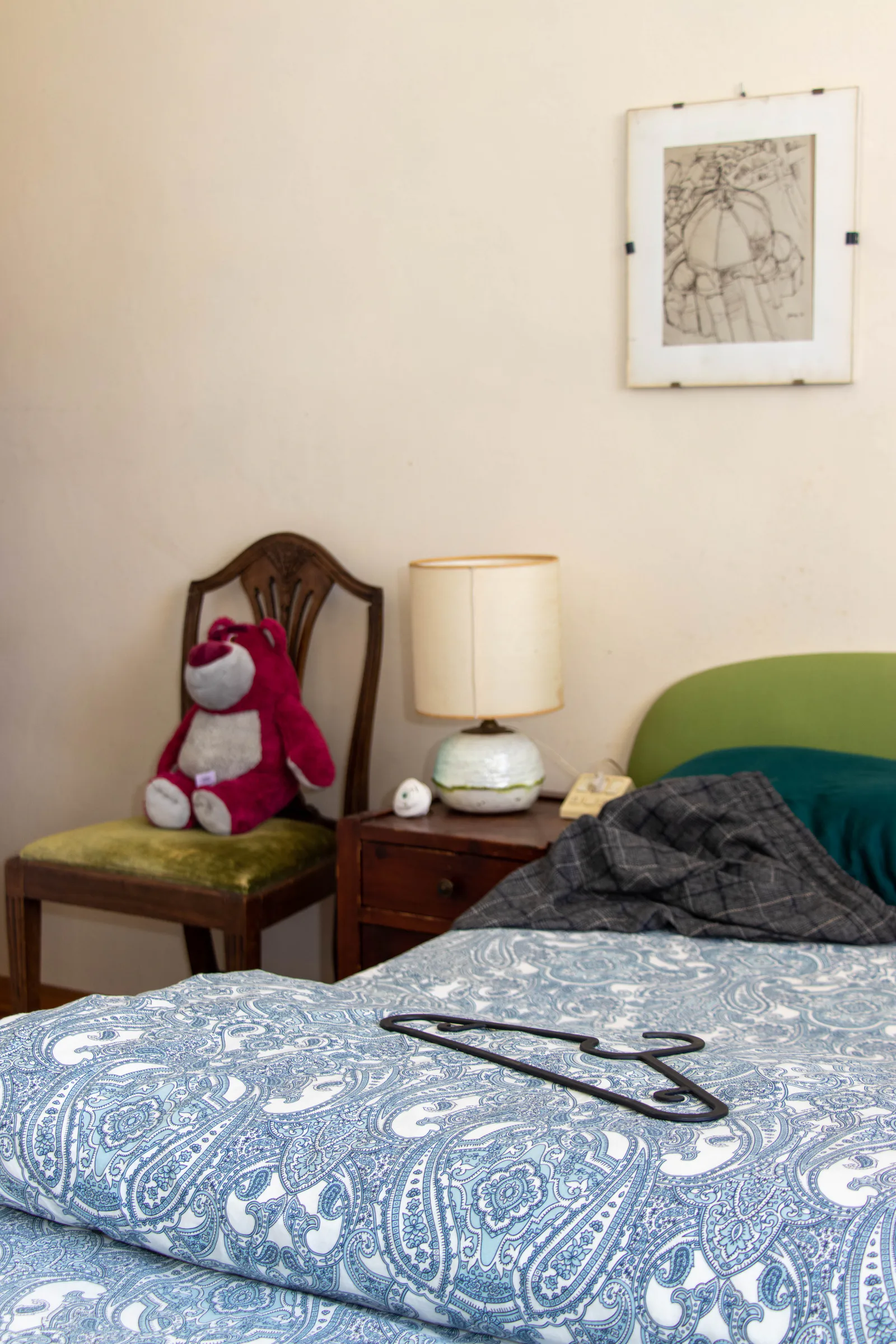 A person and consumer objects in an interior