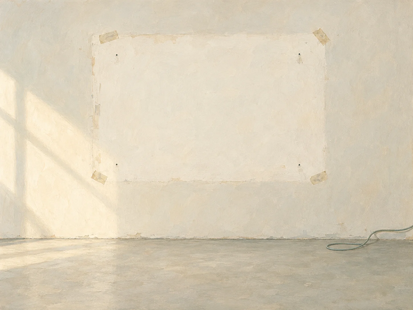 A low-contrast gouache illustration of a pale exhibition wall after a graduation show, with a rectangular artwork trace, tape, pinholes, and a loose sage-gray cable on the floor.